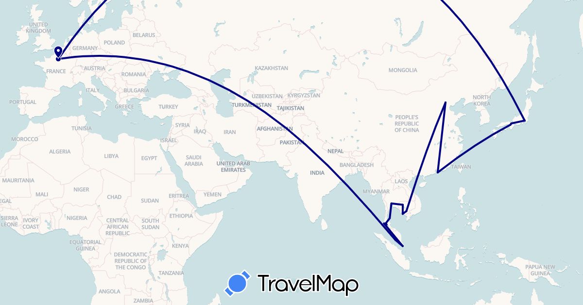 TravelMap itinerary: driving in China, France, Hong Kong, Japan, Cambodia, Malaysia, Singapore, Thailand (Asia, Europe)